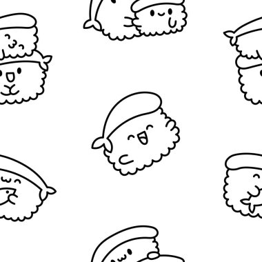 Funny kawaii sushi with cute faces. Seamless pattern. Coloring Page. Japanese traditional cuisine dishes characters. Hand drawn style. Vector drawing. Design ornaments.