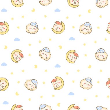 Gülümseyen tatlı kawaii patlamış mısırı. Kusursuz desen. Çizgi film komik yemek karakteri. El çizimi stili. Vektör çizimi. Tasarım süslemeleri.