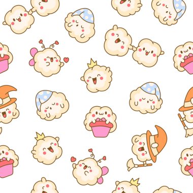 Gülümseyen tatlı kawaii patlamış mısırı. Kusursuz desen. Çizgi film komik yemek karakteri. El çizimi stili. Vektör çizimi. Tasarım süslemeleri.