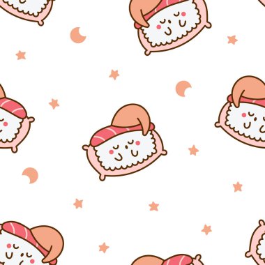 Şirin yüzlü komik kawaii suşisi. Kusursuz desen. Geleneksel Japon yemekleri karakterleri. El çizimi stili. Vektör çizimi. Tasarım süslemeleri.