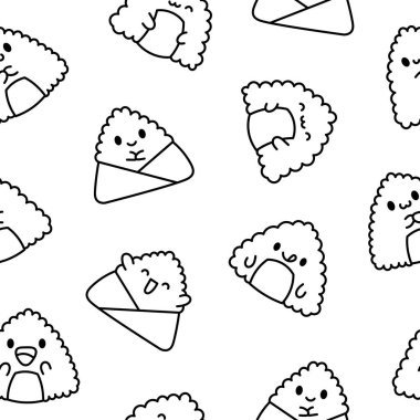Cute kawaii onigiri. Seamless pattern. Coloring Page. Funny sushi cartoon character. Asian rice and nori food. Hand drawn style. Vector drawing. Design ornaments. clipart