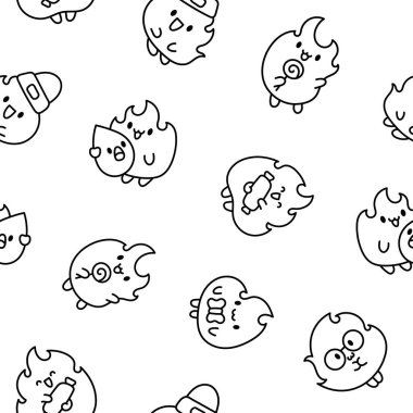 Cute kawaii fire character. Seamless pattern. Coloring Page. Hot cartoon flame energy. Hand drawn style. Vector drawing. Design ornaments.