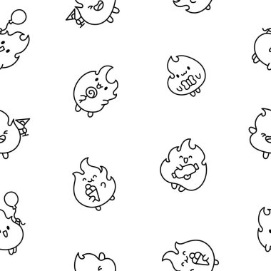 Cute kawaii fire character. Seamless pattern. Coloring Page. Hot cartoon flame energy. Hand drawn style. Vector drawing. Design ornaments.