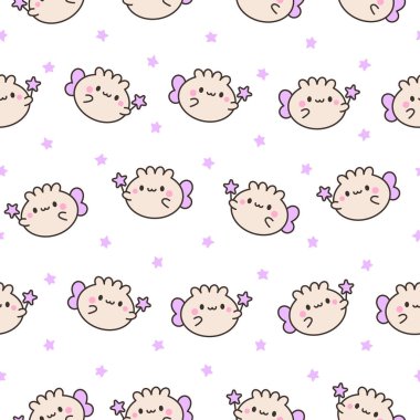 Şirin kawaii gülümsüyor. Kusursuz desen. Mutlu çizgi film karakteri. Asya Çin yemeği menüsü. El çizimi stili. Vektör çizimi. Tasarım süslemeleri.