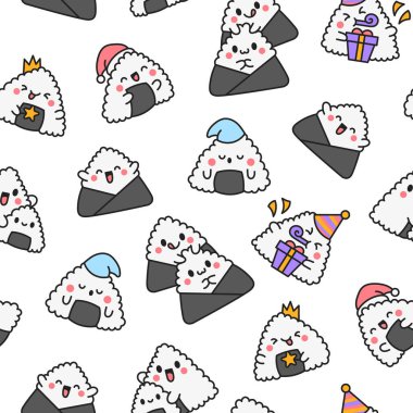 Şirin kawaii onigiri. Kusursuz desen. Komik suşi çizgi film karakteri. Asya pirinci ve Norveç yemeği. El çizimi stili. Vektör çizimi. Tasarım süslemeleri.