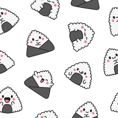 Şirin kawaii onigiri. Kusursuz desen. Komik suşi çizgi film karakteri. Asya pirinci ve Norveç yemeği. El çizimi stili. Vektör çizimi. Tasarım süslemeleri.