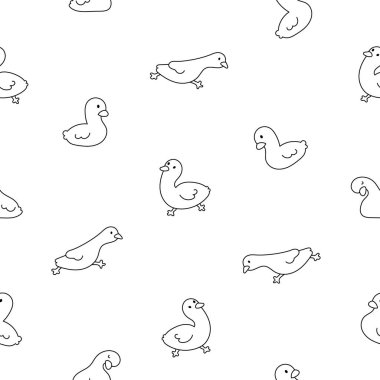 Cute kawaii goose. Seamless pattern. Coloring Page. Cartoon funny duck characters. Hand drawn style. Vector drawing. Design ornaments.