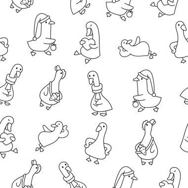 Funny farm duck characters. Seamless pattern. Coloring Page. Cute cartoon kawaii goose. Hand drawn style. Vector drawing. Design ornaments.