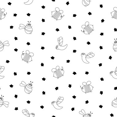 Sevimli böcek çizgi film karakterleri. Kusursuz desen. Boyama sayfası. Komik küçük hayvanlar. Vektör çizimi. Tasarım süslemeleri.