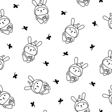 Çantalı sevimli kawaii tavşanı. Kusursuz desen. Boyama sayfası. Çizgi film karakteri. Komik tavşan. El çizimi stili. Vektör çizimi. Tasarım süslemeleri.