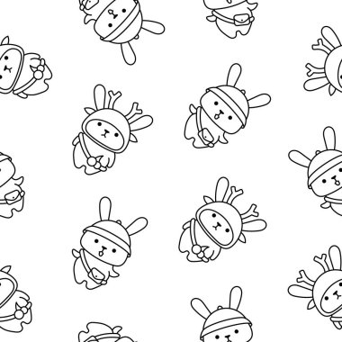 Çantalı sevimli kawaii tavşanı. Kusursuz desen. Boyama sayfası. Çizgi film karakteri. Komik tavşan. El çizimi stili. Vektör çizimi. Tasarım süslemeleri.