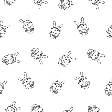 Çantalı sevimli kawaii tavşanı. Kusursuz desen. Boyama sayfası. Çizgi film karakteri. Komik tavşan. El çizimi stili. Vektör çizimi. Tasarım süslemeleri.