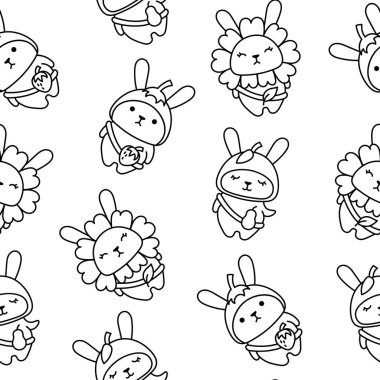 Çantalı sevimli kawaii tavşanı. Kusursuz desen. Boyama sayfası. Çizgi film karakteri. Komik tavşan. El çizimi stili. Vektör çizimi. Tasarım süslemeleri.