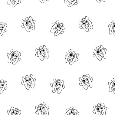 Sevimli çocuk canavarı. Kusursuz desen. Boyama sayfası. Çizgi film kawaii korkunç komik bebek karakteri. El çizimi stili. Vektör çizimi. Tasarım süslemeleri.