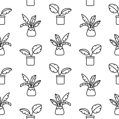 Saksıda ev bitkileri. Kusursuz desen. Boyama sayfası. Ev bitkileri. Yapraklı ve saplı kapalı alan çiçekleri. El çizimi stili. Vektör çizimi. Tasarım süslemeleri.