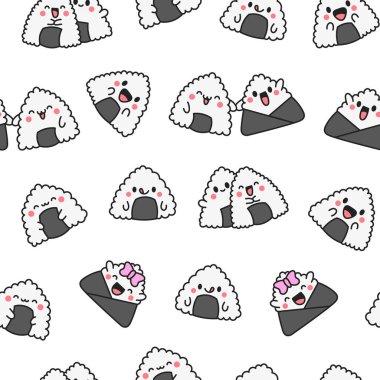Şirin kawaii onigiri. Kusursuz desen. Komik suşi çizgi film karakteri. Asya pirinci ve Norveç yemeği. El çizimi stili. Vektör çizimi. Tasarım süslemeleri.