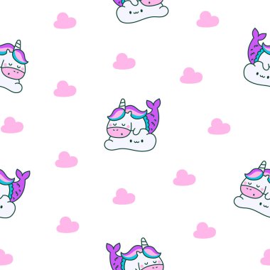 Şirin kawaii tek boynuzlu at denizkızı. Kusursuz desen. Fantezi çizgi film karakterleri. El çizimi stili. Vektör çizimi. Tasarım süslemeleri.