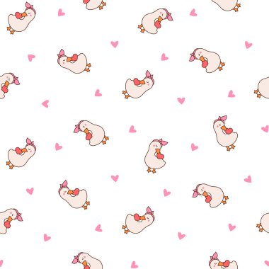 Şirin kawaii kaz. Kusursuz desen. Çizgi film komik ördek karakterleri. El çizimi stili. Vektör çizimi. Tasarım süslemeleri.