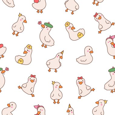 Şirin kawaii kaz. Kusursuz desen. Çizgi film komik ördek karakterleri. El çizimi stili. Vektör çizimi. Tasarım süslemeleri.