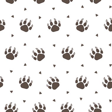 Köpek ya da kedi pençesi izi. Kusursuz desen. Hayvan ayak izleri. El çizimi stili. Vektör çizimi. Tasarım süslemeleri.