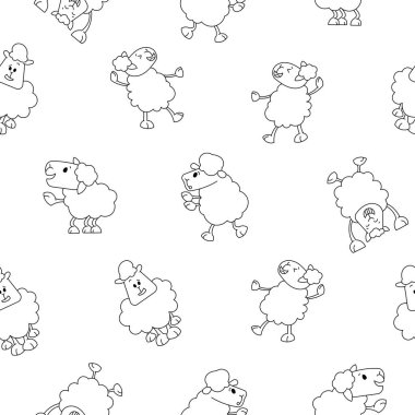 Koyun karakteri çizgi filmi. Kusursuz desen. Boyama sayfası. Şirin çiftlik hayvanı. Çiçek, ot ve bitki. Vektör çizimi. Tasarım süslemeleri.