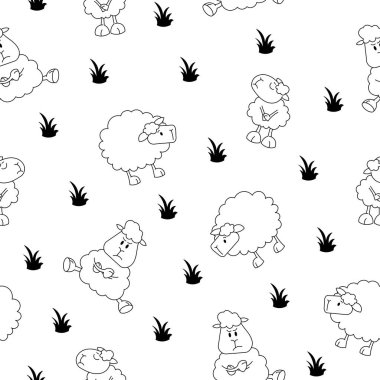 Koyun karakteri çizgi filmi. Kusursuz desen. Boyama sayfası. Şirin çiftlik hayvanı. Çiçek, ot ve bitki. Vektör çizimi. Tasarım süslemeleri.