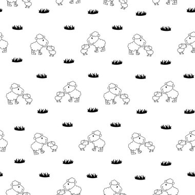 Koyun karakteri çizgi filmi. Kusursuz desen. Boyama sayfası. Şirin çiftlik hayvanı. Çiçek, ot ve bitki. Vektör çizimi. Tasarım süslemeleri.