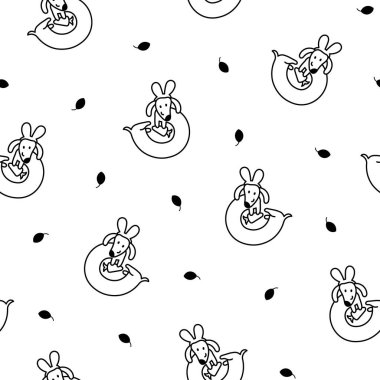 Tatlı çizgi film, uzun dachshund köpeği. Kusursuz desen. Boyama sayfası. Yavru köpek kuyruğunu sallıyor. Komik evcil hayvan karakteri. El çizimi stili. Vektör çizimi. Tasarım süslemeleri.