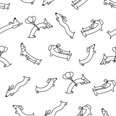 Tatlı çizgi film, uzun dachshund köpeği. Kusursuz desen. Boyama sayfası. Yavru köpek kuyruğunu sallıyor. Komik evcil hayvan karakteri. El çizimi stili. Vektör çizimi. Tasarım süslemeleri.