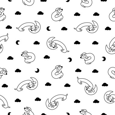 Tatlı çizgi film, uzun dachshund köpeği. Kusursuz desen. Boyama sayfası. Yavru köpek kuyruğunu sallıyor. Komik evcil hayvan karakteri. El çizimi stili. Vektör çizimi. Tasarım süslemeleri.