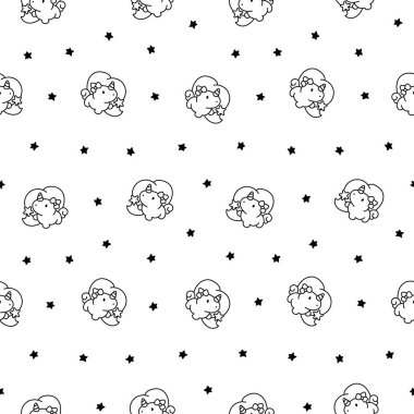 Şirin kawaii küçük tek boynuzlu at. Kusursuz desen. Boyama sayfası. Peri masalı mutlu midilli karakterleri. El çizimi stili. Vektör çizimi. Tasarım süslemeleri.