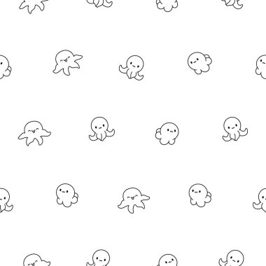 Şirin kawaii mutlu ahtapot. Kusursuz desen. Boyama sayfası. Çizgi film sualtı hayvanları karakterleri. El çizimi stili. Vektör çizimi. Tasarım süslemeleri.