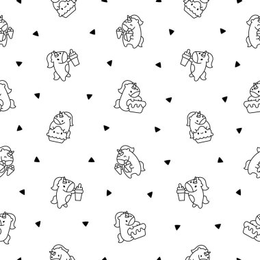 Şirin kawaii mutlu tek boynuzlu at. Kusursuz desen. Boyama sayfası. Çizgi film komik fantezi at karakterleri. El çizimi stili. Vektör çizimi. Tasarım süslemeleri.