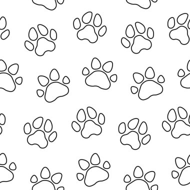 Dog or cat paw print. Seamless pattern. Coloring Page. Animal footprints. Hand drawn style. Vector drawing. Design ornaments.