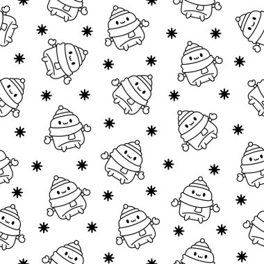 Cute marshmallow character. Seamless pattern. Coloring Page. Cartoon sweet smiling dessert. Hand drawn style. Vector drawing. Design ornaments.