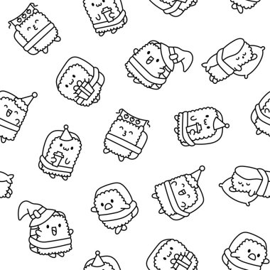 Happy sushi characters in different poses. Seamless pattern. Coloring Page. Funny cartoon food. Hand drawn style. Vector drawing. Design ornaments.