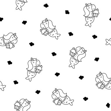 Cute kawaii unicorn mermaid. Seamless pattern. Coloring Page. Fantasy cartoon characters. Hand drawn style. Vector drawing. Design ornaments.