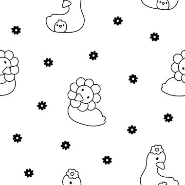 Cute kawaii goose. Seamless pattern. Coloring Page. Cartoon funny duck characters. Hand drawn style. Vector drawing. Design ornaments.