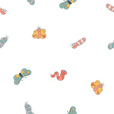 Sevimli böcek çizgi film karakterleri. Kusursuz desen. Komik küçük hayvanlar. Vektör çizimi. Tasarım süslemeleri.