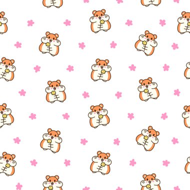 Şirin kawaii hamster. Kusursuz desen. Çizgi film komik hayvan karakteri. El çizimi stili. Vektör çizimi. Tasarım süslemeleri.