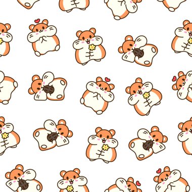 Şirin kawaii hamster. Kusursuz desen. Çizgi film komik hayvan karakteri. El çizimi stili. Vektör çizimi. Tasarım süslemeleri.