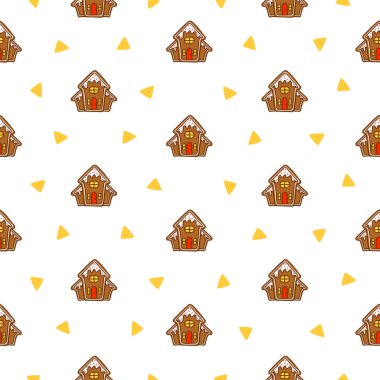 Zencefilli kek Noel evi şekerlerle süslenmiş. Kusursuz desen. Tatlı kurabiye. El çizimi stili. Vektör çizimi. Tasarım süslemeleri.