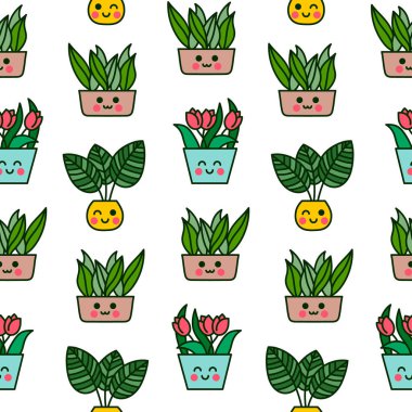 Şirin kawaii saksısı. Kusursuz desen. Ev bitkileri karakteri. El çizimi stili. Vektör çizimi. Tasarım süslemeleri.