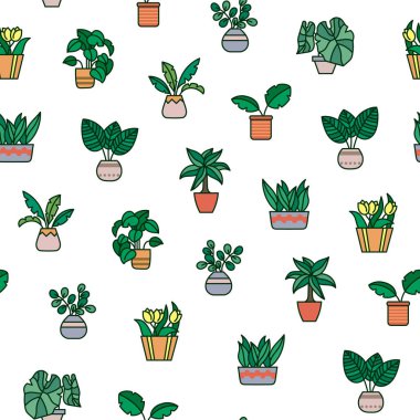 Saksıda ev bitkileri. Kusursuz desen. Ev bitkileri. Yapraklı ve saplı kapalı alan çiçekleri. El çizimi stili. Vektör çizimi. Tasarım süslemeleri.