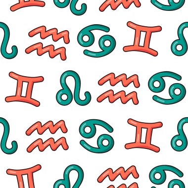 Zodiac 'ın astrolojik işaretleri. Kusursuz desen. Koç, Boğa, İkizler, Kanser, Başak, Terazi, Akrep, Yay, Kova, Balık, Aslan, Oğlak. Vektör çizimi. Tasarım süslemeleri.