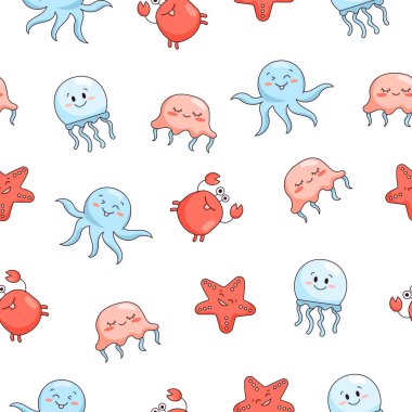 Çizgi filmdeki su hayvanları. Kusursuz desen. Balık karakterleri sualtı dünyası. Deniz hayatı. Vektör çizimi. Tasarım süslemeleri.