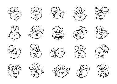 Kawaii karakteri turp gibi. Boyama sayfası. Şirin sebze. Komik çizgi film. El çizimi stili. Vektör çizimi. Tasarım elementlerinin koleksiyonu.