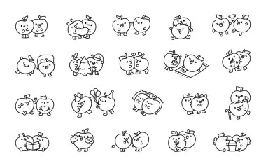 Birkaç komik elma arkadaşı. Boyama sayfası. Tatlı çizgi film yemekleri. El çizimi stili. Vektör çizimi. Tasarım elementlerinin koleksiyonu.