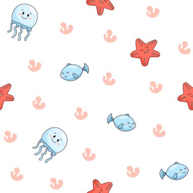 Çizgi filmdeki su hayvanları. Kusursuz desen. Balık karakterleri sualtı dünyası. Deniz hayatı. Vektör çizimi. Tasarım süslemeleri.