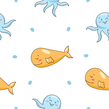 Çizgi filmdeki su hayvanları. Kusursuz desen. Balık karakterleri sualtı dünyası. Deniz hayatı. Vektör çizimi. Tasarım süslemeleri.